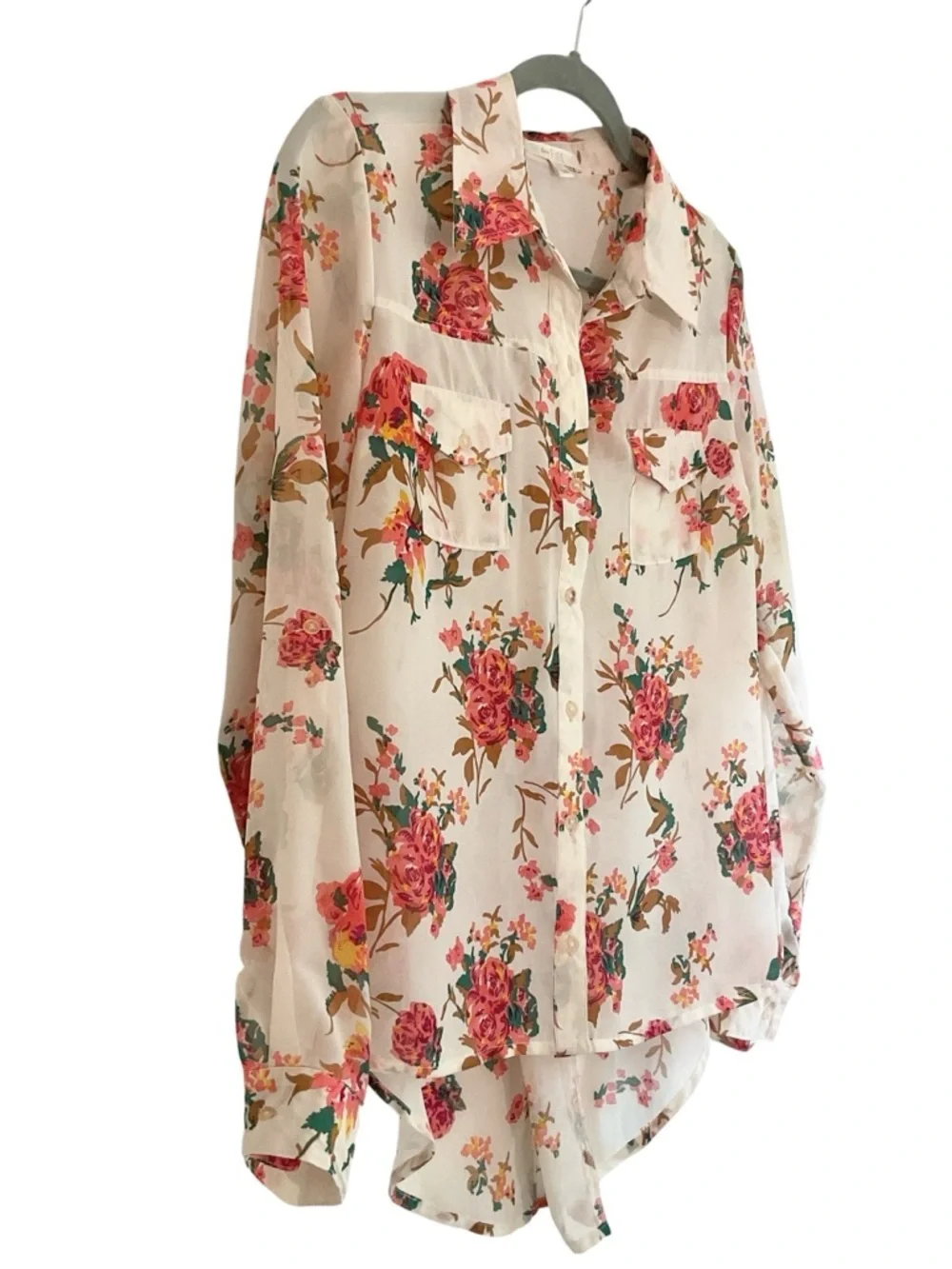 love FIRE Floral Button-Up Top - Pink w/Teal & Yellow Accents Size M